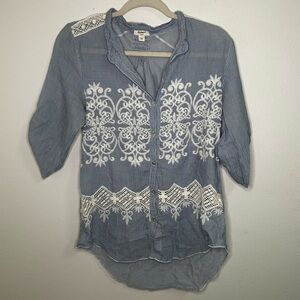 Dylan blue and white striped lace detail button down shirt